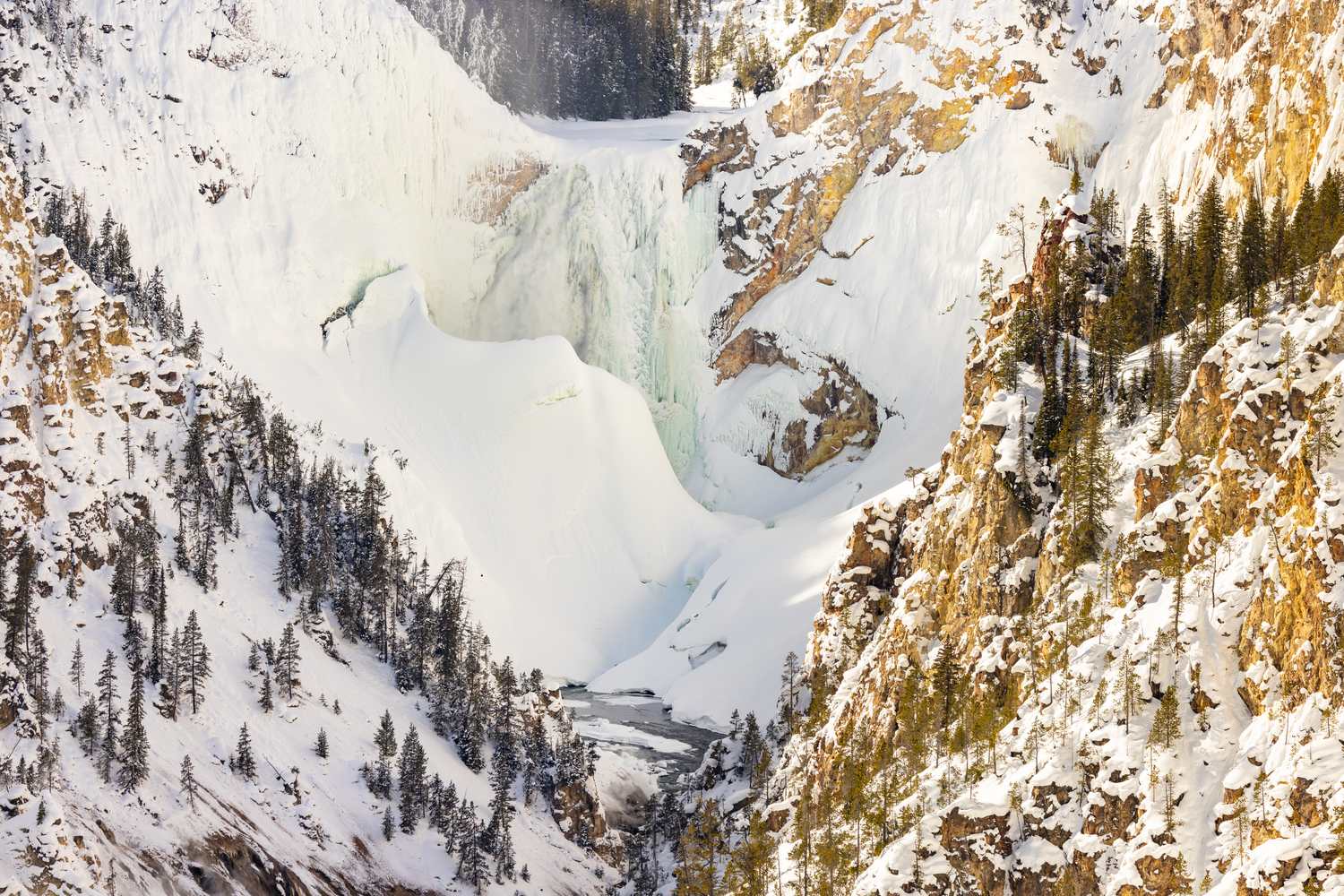The Lower Falls of the Yellowstone in winter, the canyon rimmed with snow.